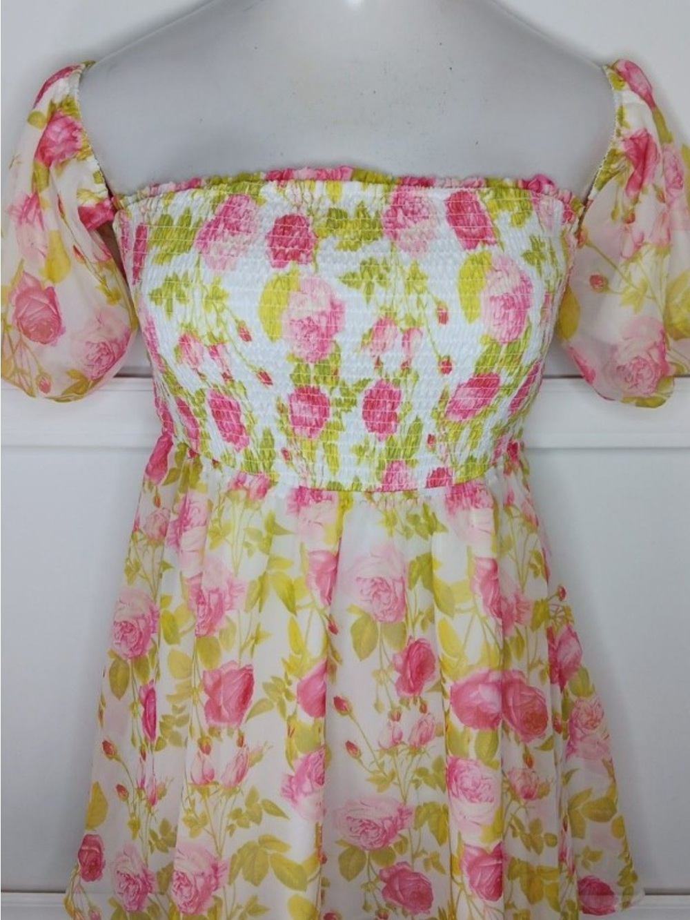 Betsey Johnson dress women's large floral chiffon puff‎ sleeve babydoll mini NWT